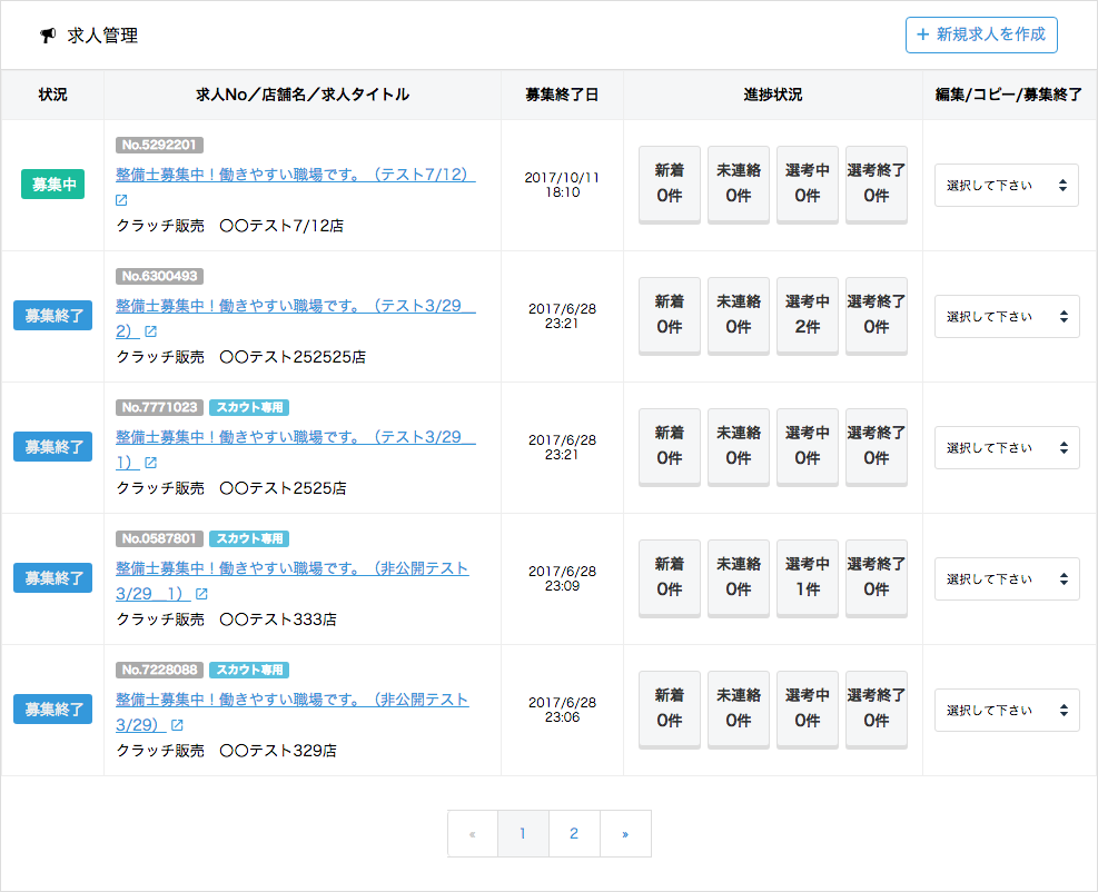 求人管理画面のサンプル