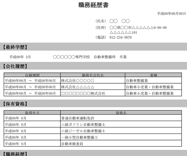 同業種（同職種）から整備士に転職の職務経歴書サンプル１